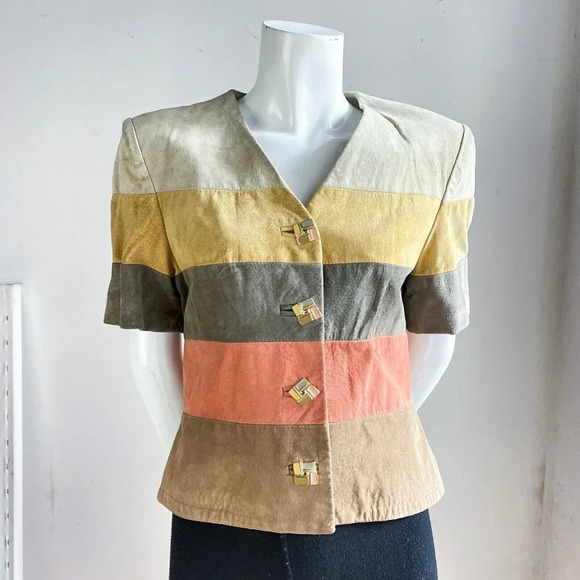 Vintage Earth Tones Colourblock Suede Button Down Cropped Short Sleeve Jacket S - Picture 2 of 7
